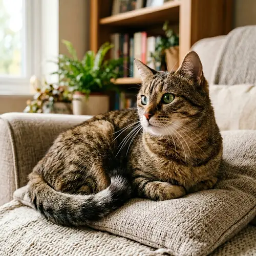 Glossy Ticked Tabby Cat on Soft Cushioned Chair