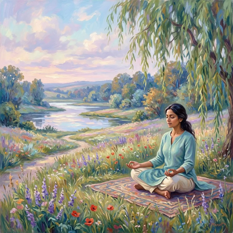 Tranquil Mindfulness Meditation in Impressionist Nature Setting