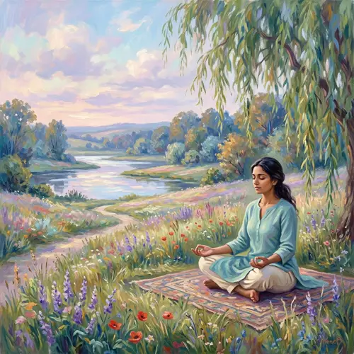 Mindfulness Meditation in Monet-Inspired Serene Nature Scene