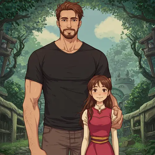 Charming Man and Beautiful Girl in Ghibli-Inspired Scene