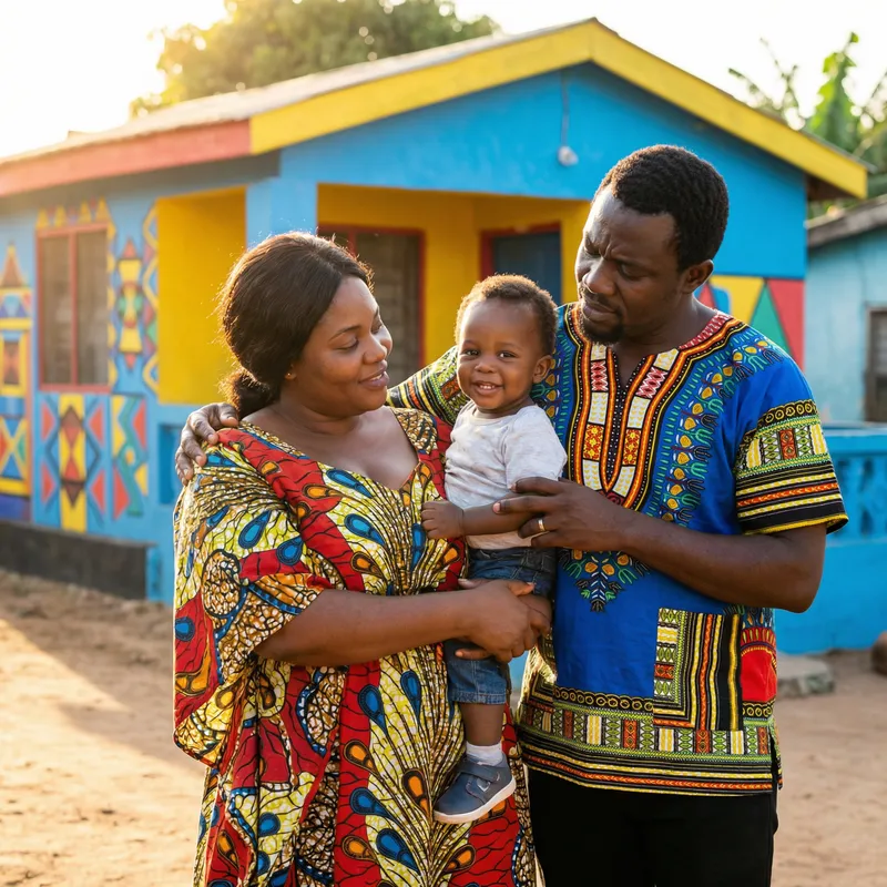 Curvaceous African Family in Front of Colorful Home Curvaceous African Family in Front of Colorful Home
