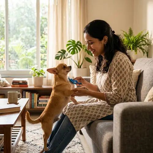 Cute Chihuahua Dog Bonds with South Asian Person in Sunny Living Room