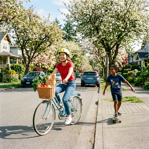 Asian Woman Riding Bicycle | Suburban Street Scene