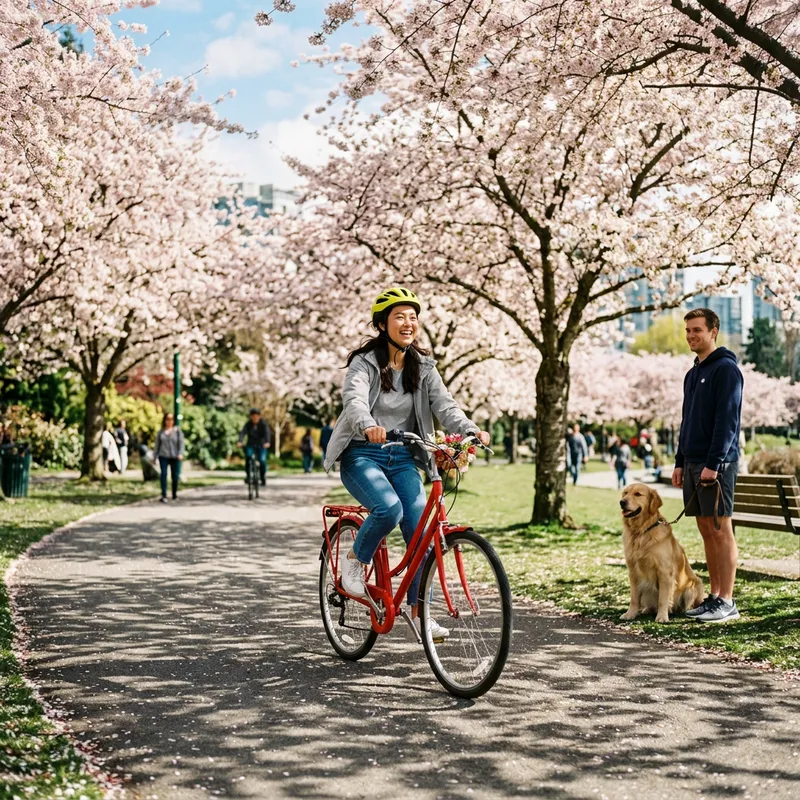 Joyful Woman Riding Bicycle in Blossom-filled Park