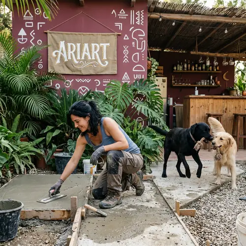 Spanish Woman Constructing Concrete Floor in Exotic Bar Lounge