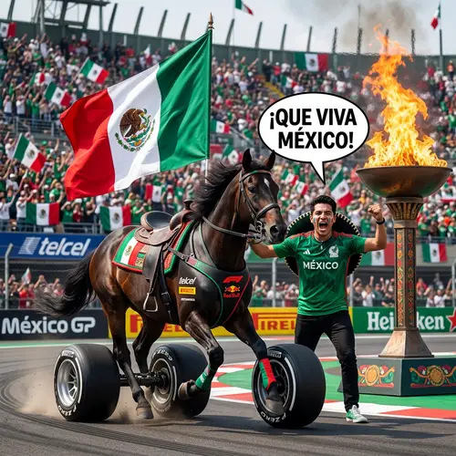 Sporty Formula 1 Horse with Mexico Flag and Blazing Torch