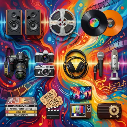 Multimedia Collection: Audio Speakers, Video Reel, Vinyl Records...