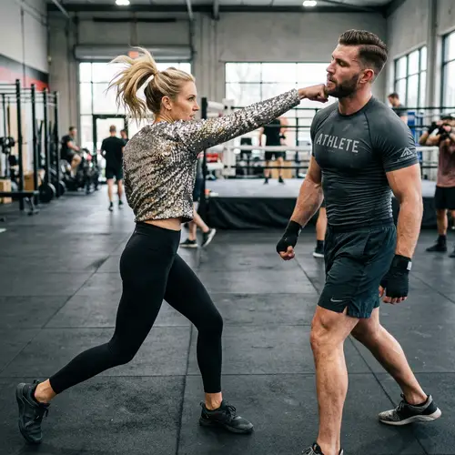 Blonde woman punching professional football player