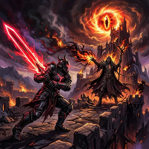 Epic Fantasy Art Showdown: Towering Figure vs. Dark Sorcerer