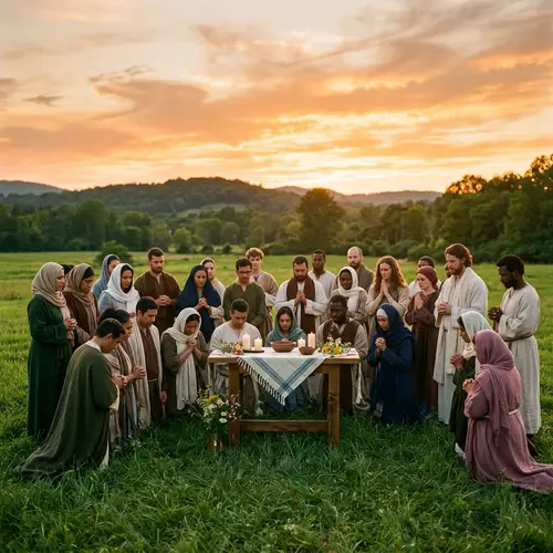 Diverse Outdoor Religious Ceremony in Serene Field