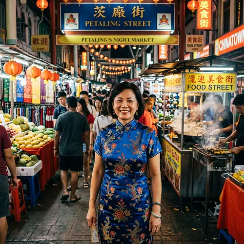 Malaysian-Chinese Individual in Vibrant Street Market | Unique Silk Patterns