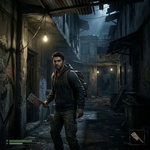 Chilling Night Videogame Scene with South Asian Gamer and Rusty Cleaver