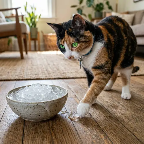Curious Cat with Ice: Playful Feline in Calico Pattern