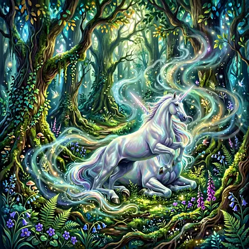 Captivating Woodland Glade Artwork with Majestic Unicorn