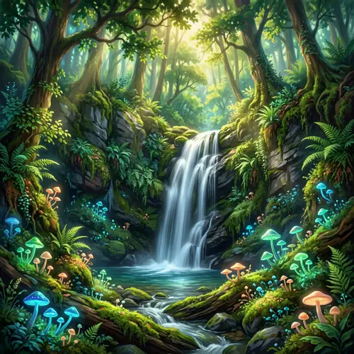 Mystical Forest Waterfall & Glowing Mushrooms | Nature-Inspired
