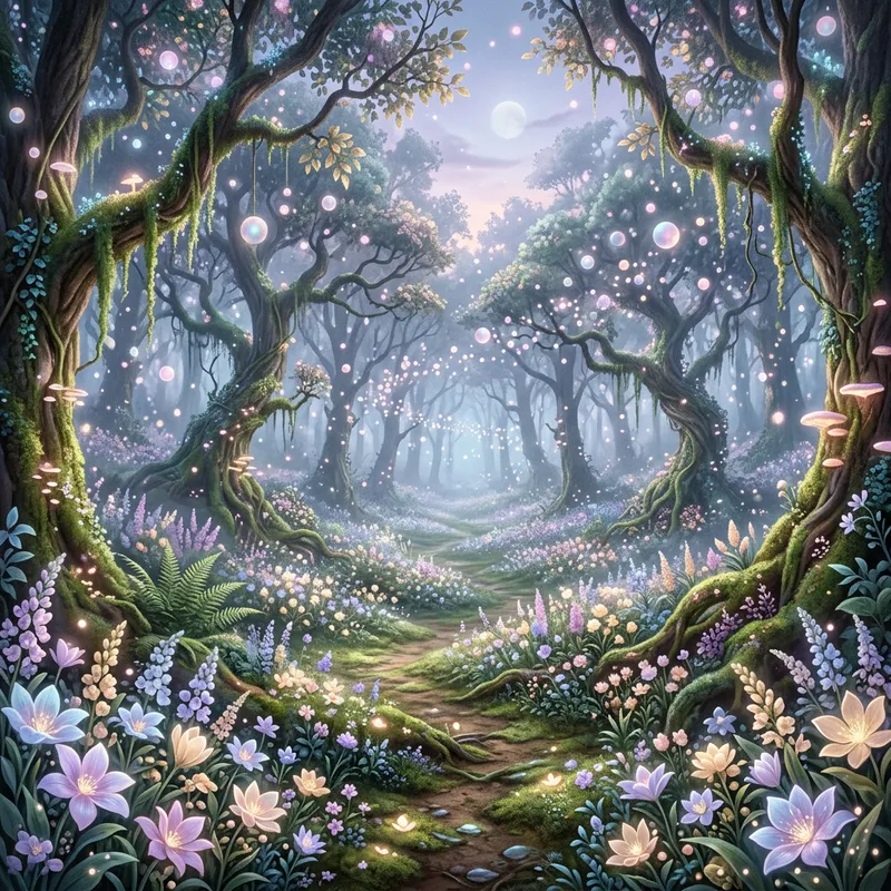 Enchanting Mystical Forest with Glowing Flowers and Orbs