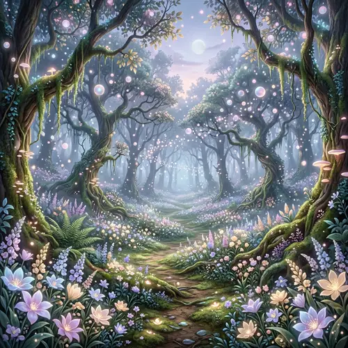 Ethereal Mystical Forest with Glowing Flowers and Orbs