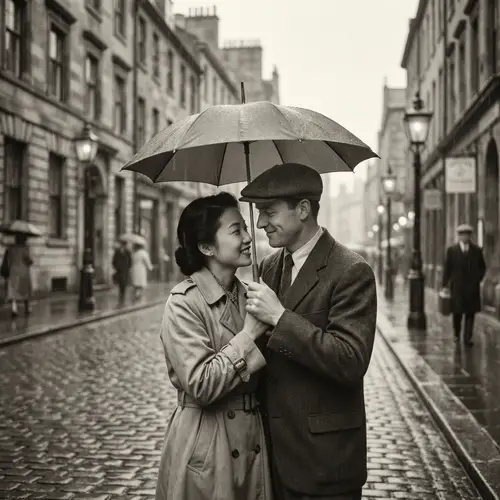 Vintage Embrace: Asian Woman & Caucasian Man in Romantic Downpour
