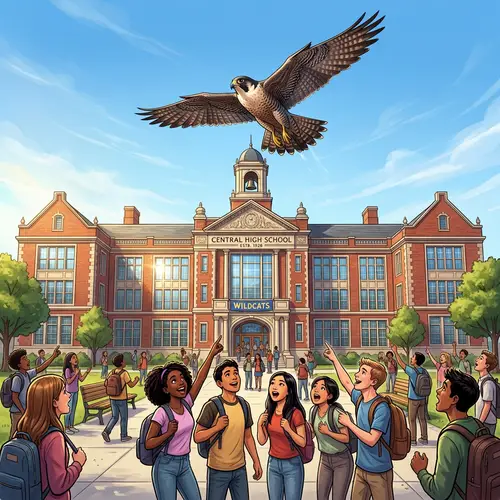 Majestic Falcon Soaring High Over Traditional High School
