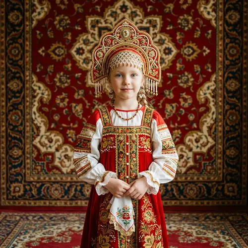 Blonde Girl in Traditional Kokoshnik Dress on Red Carpet