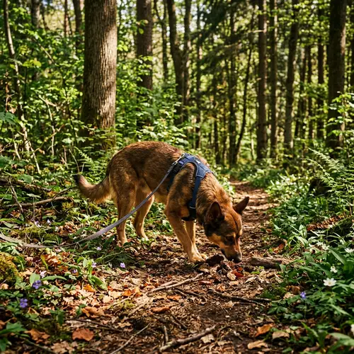 Female Dog Exploring Lush Forest | Nature Photography