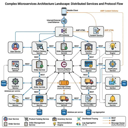 Microservices Landscape Architecture: REST and AMP Communication Overview