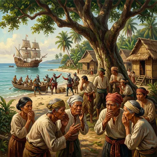 Historical Oil Painting: Spanish Colonization in the Philippines