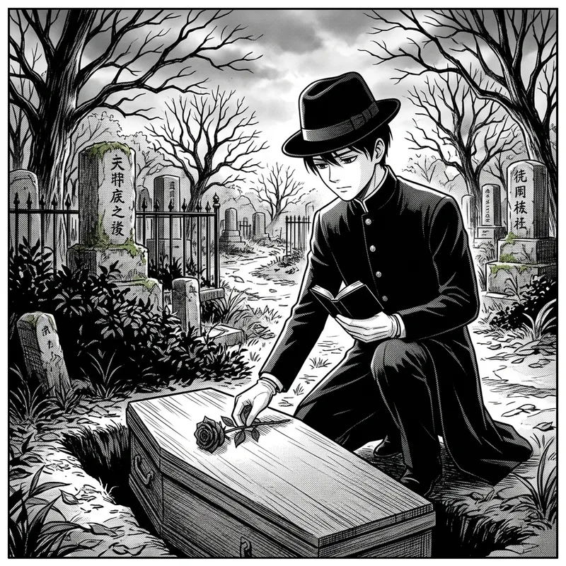 Solemn Undertaker in Anime Style | Black and White Art