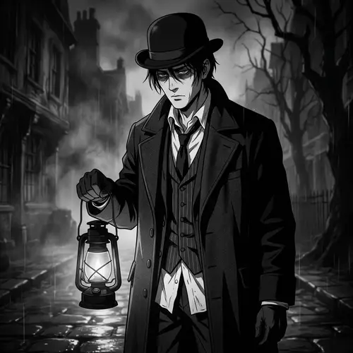 Mysterious Noir-Style Undertaker with Anime Aesthetic