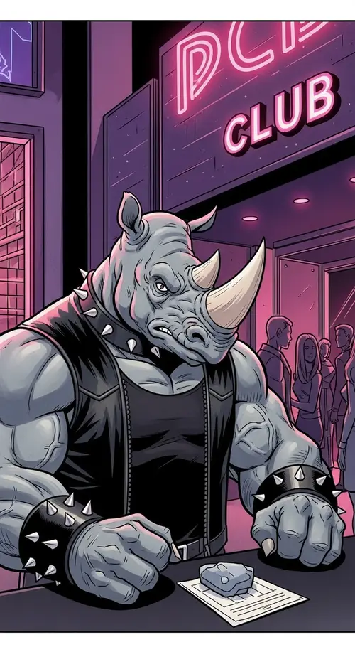 Rhino Bouncer at Club Door - Comic Style Art