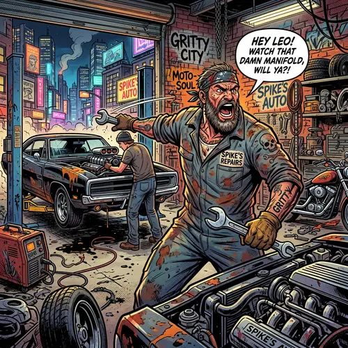 Vibrant Comic Style Garage Owner in Gritty City