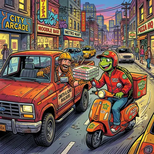 Turtle Pizza Delivery Guy on Scooter Art