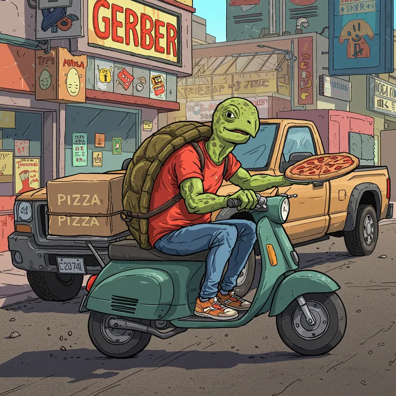 Turtle Pizza Delivery Guy on Scooter Art
