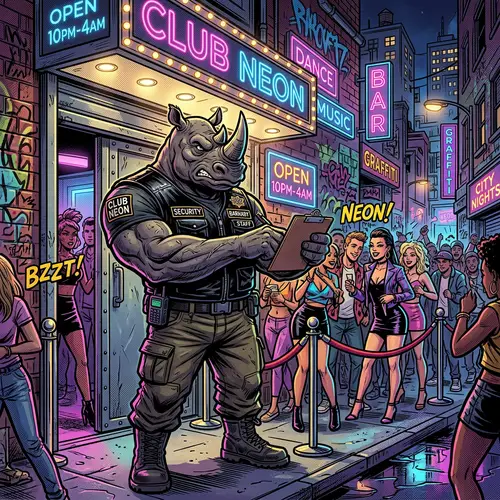 Rhino Bouncer at Club Door - Comic Style Art