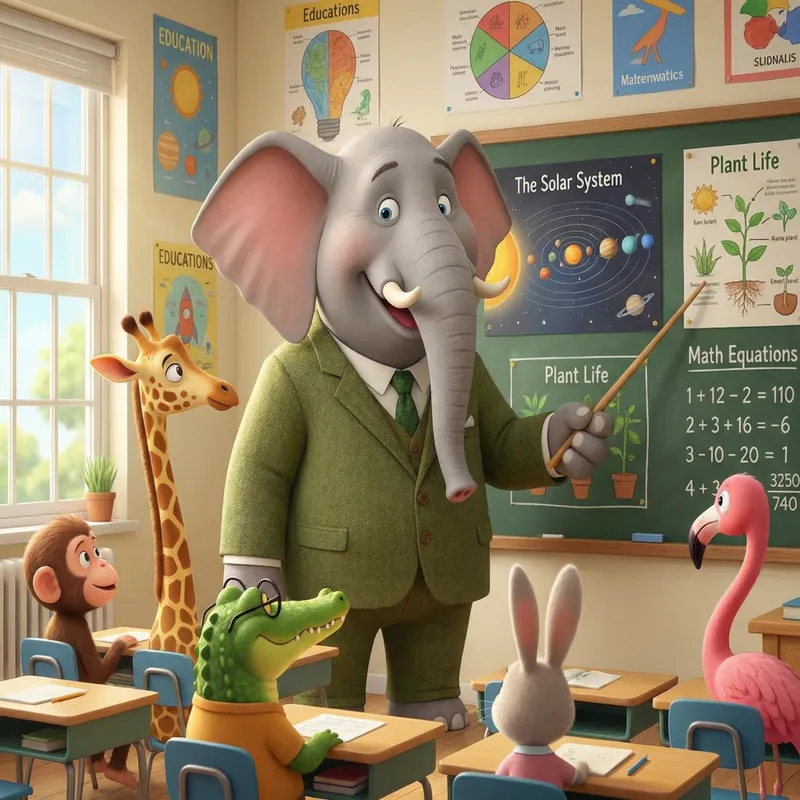 Friendly Elephant Teacher in Classroom Animation