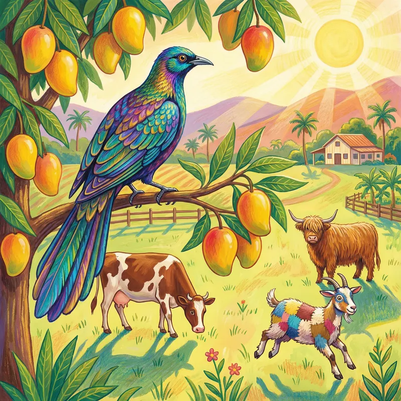 Colorful Bird, Cows, and Goat in a Mango Tree Farm | Artwork