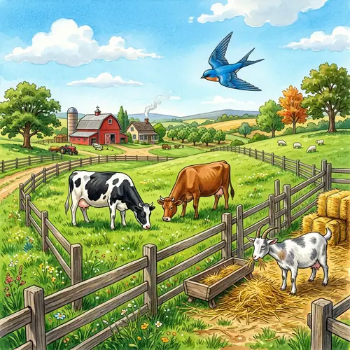 Harmonious Rural Scene with Diverse Animals - Farm Illustration