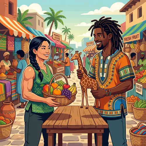 Diverse Barter Scene Illustration in Colorful Market Setting