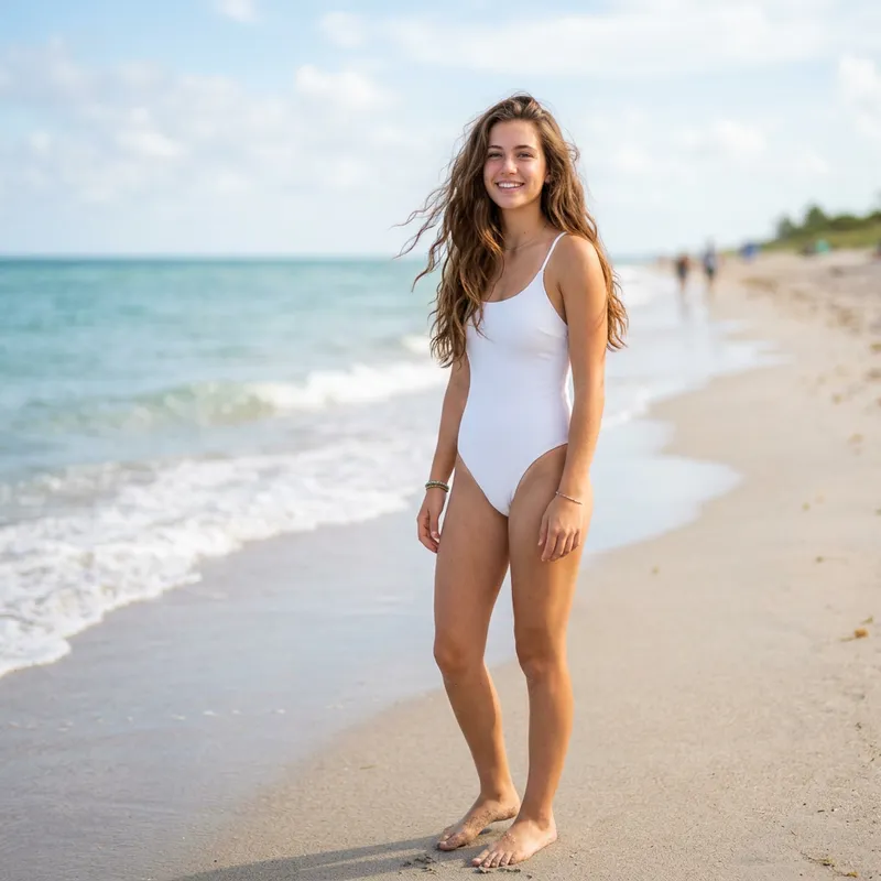 Elegant Eighteen-Year-Old Girl in White Bikini with Long Chestnut Hair