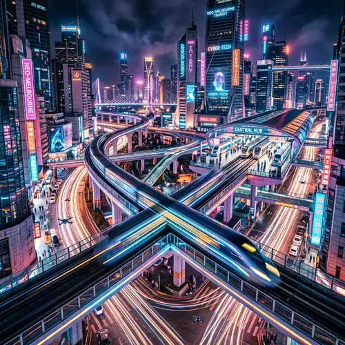 Futuristic Train Infrastructure Project in a Cyberpunk Cityscape