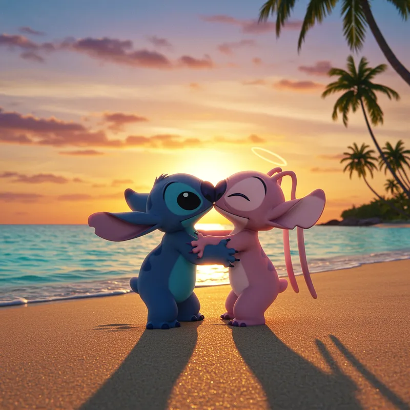 Stitch and Angel Sharing a Kiss on the Beach