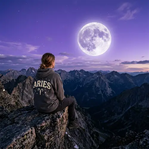 Young Caucasian Girl on Aries Sweatshirt gazing at Purple Sky with Full Moon