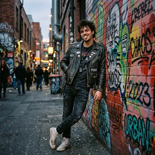 Rebellious Young Man in Leather Jacket with Sneakers