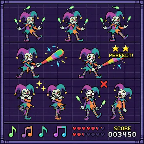 Pixel Art Whimsical Jester Character in Thrilling Combat