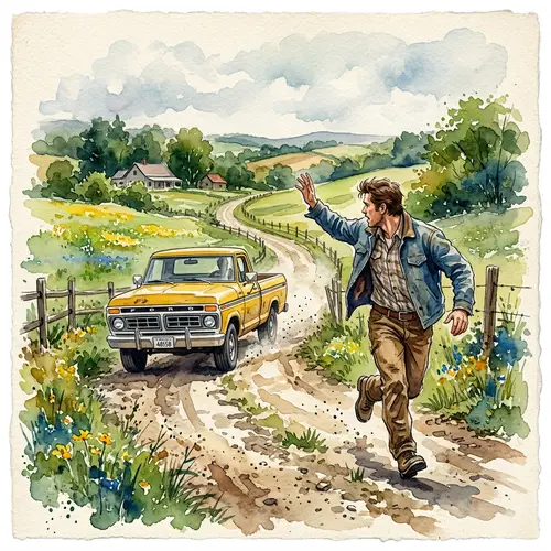 Man Running After Yellow Pickup Truck Illustration