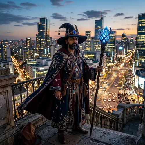 South Asian Male Wizard in Mystical Attire and Modern Cityscape