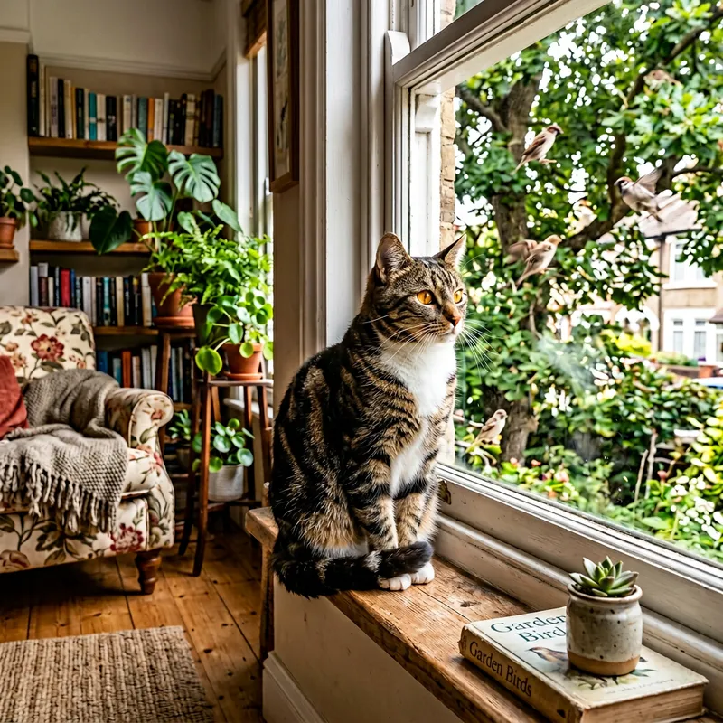 Beautiful Tabby Cat Sunbathing on Windowsill