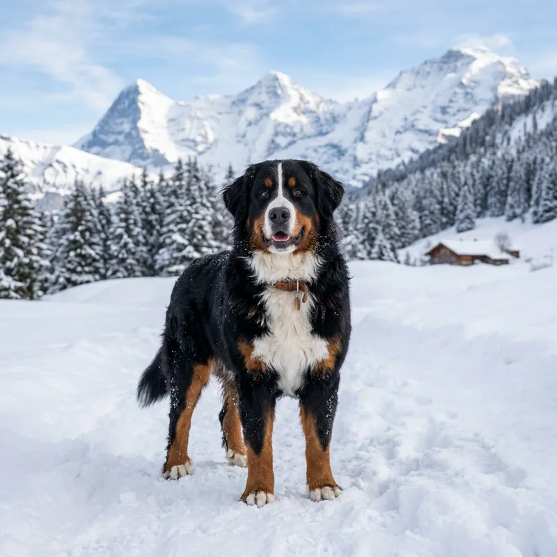Majestic Bernese Mountain Dog in Snowy Swiss Landscape
