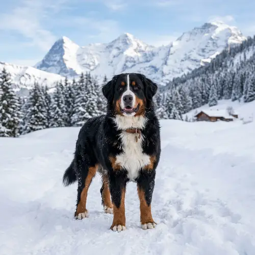 Majestic Bernese Mountain Dog in Snowy Swiss Landscape