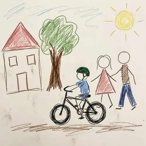 Simple Childlike Drawing of Family on a Bike